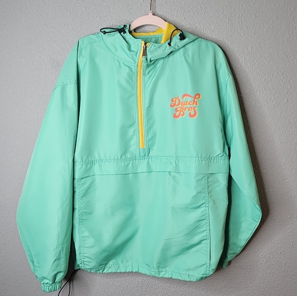 Dutch Bros Hoodie Mens Medium Pullover Logo Windbreaker Pouch Green Yellow - Picture 1 of 16
